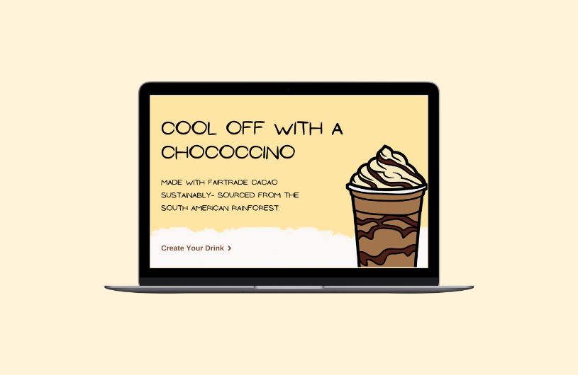 Desktop view of Adobe XD mockup of a custom coffee cafe drink website